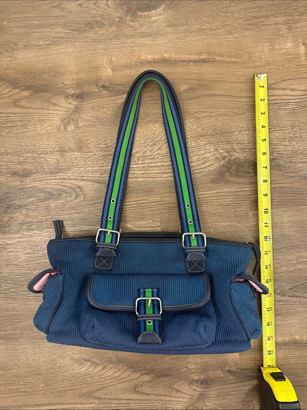 The Sak Navy Buckle Canvas Shoulder Bag with Green & Blue Stripe Handles